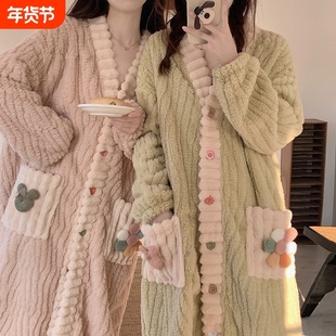 睡袍女秋冬款珊瑚绒宽松保暖加厚长款睡衣女甜美开衫家居服女A104