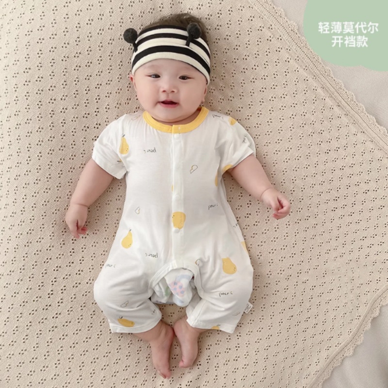 婴儿夏季连体衣薄款小宝宝睡衣透气短袖冰丝空调服睡袋睡袍莫代尔