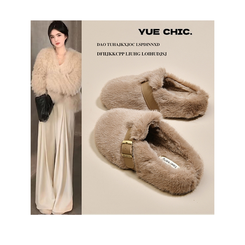 兔毛厚底增高包头毛毛拖鞋女外穿2025新款秋冬毛绒加绒棉拖鞋黑色