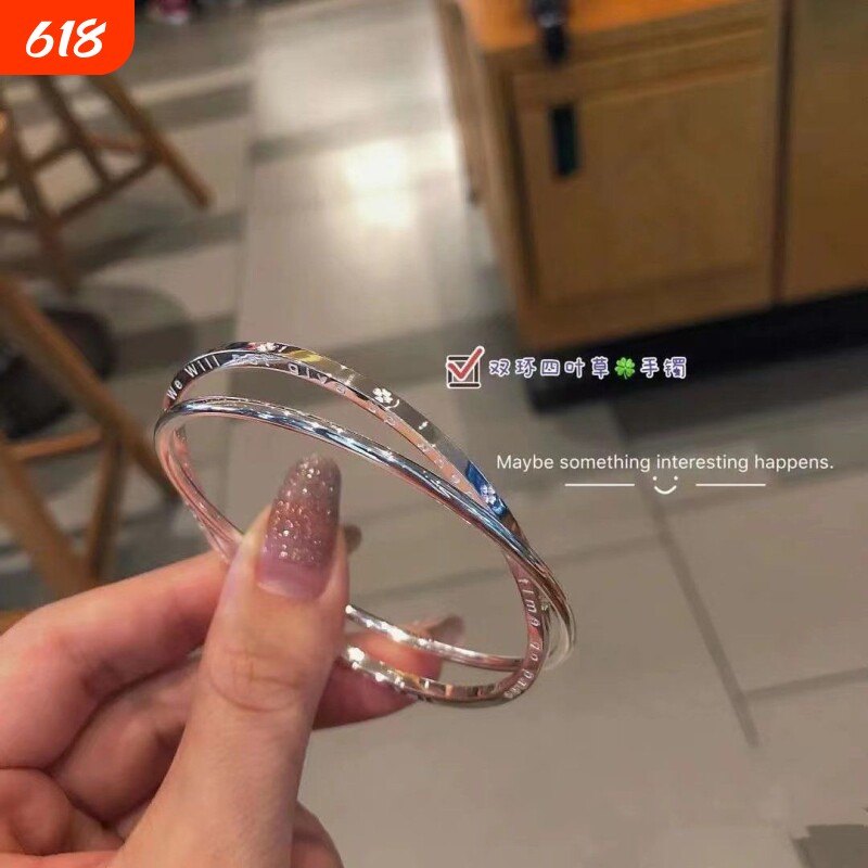 【幂琳】双环四叶草足银S999纯银手镯女光面实心闭口银镯子年轻款