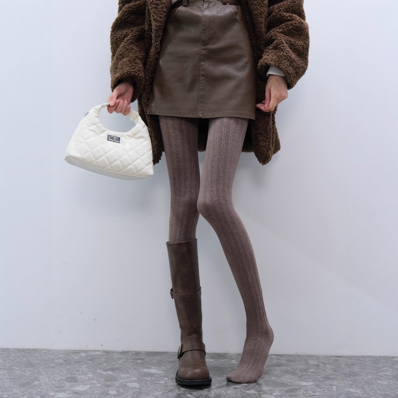 2025新款冬季美拉德浅咖色竖纹麻花链条连裤袜女加厚保暖打底裤袜