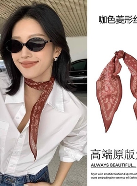 复古三角巾丝巾2025新款方巾腰巾搭配系脖配饰红色棕色粉色棉麻