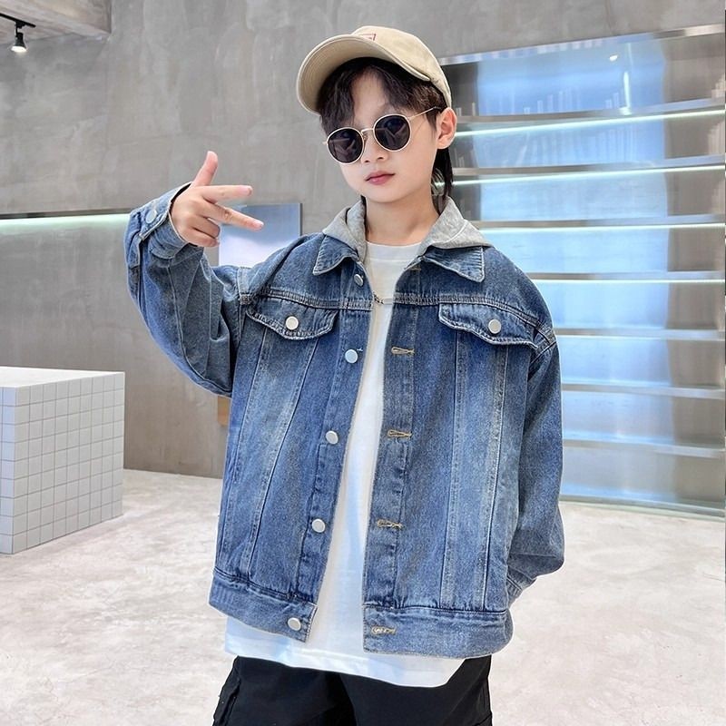 男童牛仔外套春秋季洋气童装中大童新款上衣男孩儿童连帽夹克衫潮