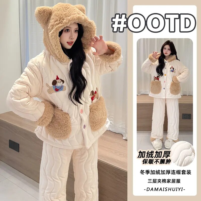 珊瑚绒睡衣女冬季卡通三层夹棉加厚保暖学生冬天可外穿家居服外出