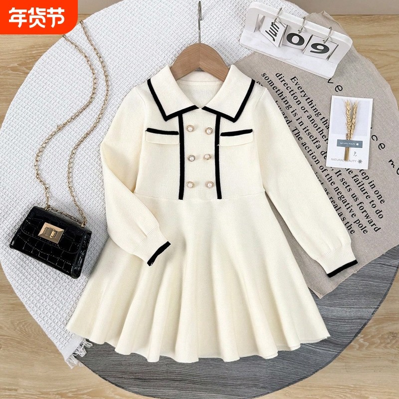 女童针织连衣裙小香风时髦公主裙撞色海军领长袖荷叶边洋气连衣裙,童装/婴儿装/亲子装,连衣裙,淘宝优惠券,粉丝福利购,淘宝优惠卷