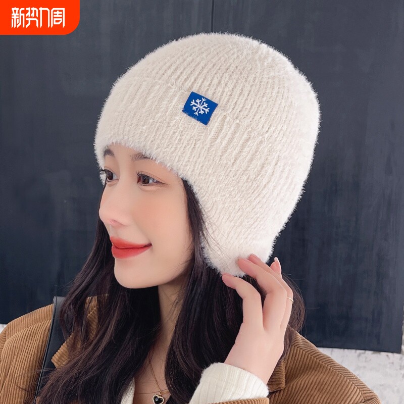 护耳针织毛线帽子女秋冬季保暖套头帽加厚包头帽红色白色防风骑车