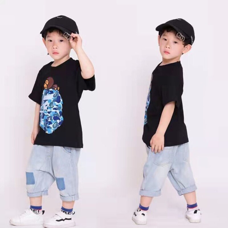 260克潮流亲子短袖潮童装猴子头夏装半袖男女休闲宽松猿猴T恤上衣
