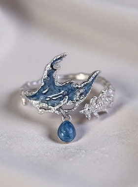 蓝色鱼尾戒指女2025新款高级海洋鱼元素指环小众设计感开口食指戒