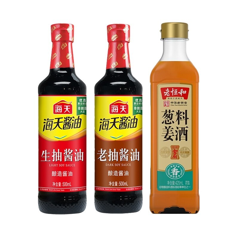 海天生抽酱油500mL+老抽酱油500ml+老恒和葱姜料酒420mL(PET)图片