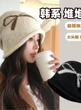 蝴蝶结黑色堆堆帽女秋冬保暖针织套头冷帽复古大头围显脸小包头帽