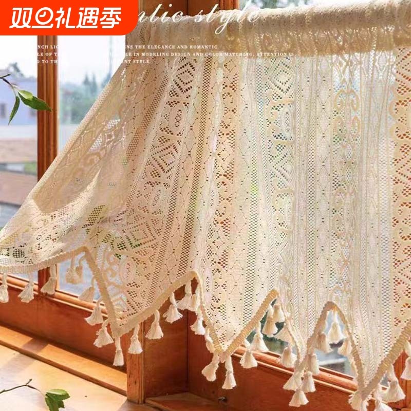 ll美式感门帘厨房窗户遮挡半帘半截窗帘编织流苏隔断免打孔透光