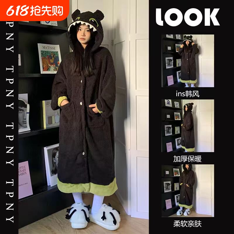 冬季可爱无牙仔睡袍珊瑚绒加绒加厚睡衣卡通连帽长款舒棉绒家居服