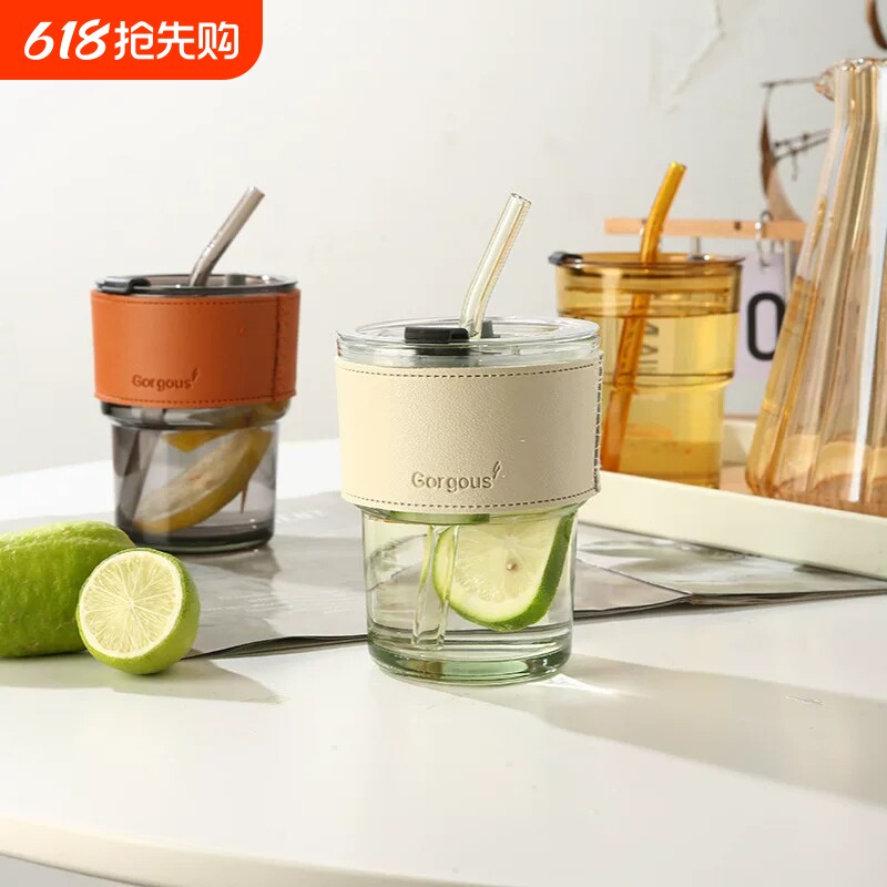 网红竹节杯ins风吸管咖啡杯子店庆礼品玻璃水杯喝水隔热防烫密封