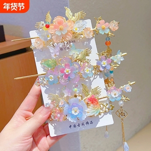 中国风儿童发饰女童汉服头饰步摇流苏发冠新中式丸子头古风配饰