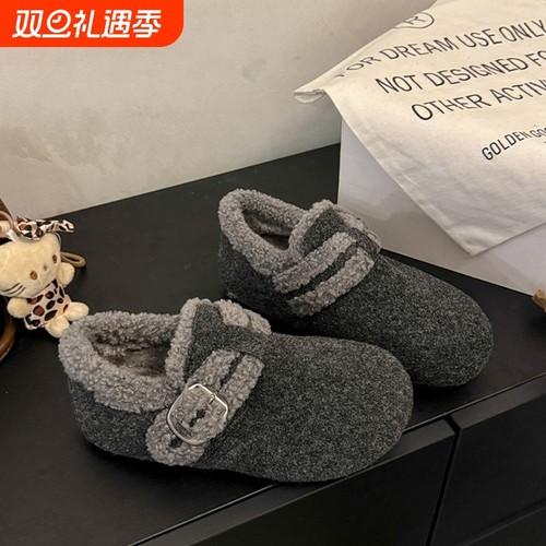 加绒勃肯鞋女冬季保暖毛毛鞋2025新款女鞋灰色加厚雪地靴毛绒鞋子