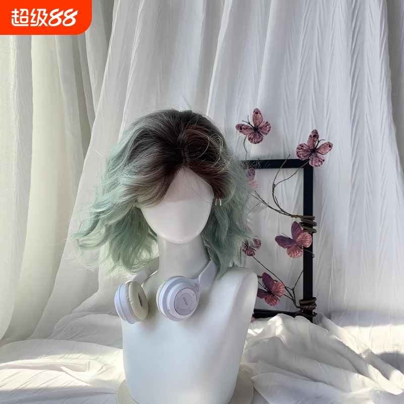 【海岛精灵】薄荷绿挑染短卷发冷棕渐变蛋蛋卷小蕾丝透气整顶头套
