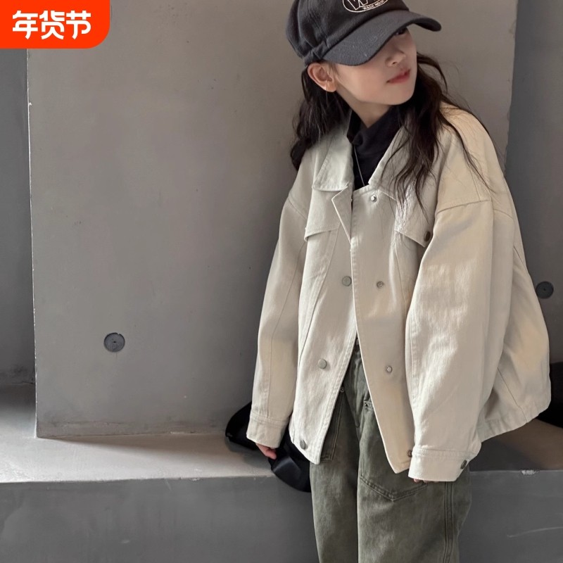 童装女童春秋季新款宽松牛仔外套洋气儿童韩版夹克上衣潮薄款白色