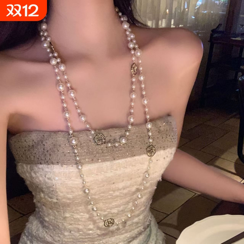 小香长款山茶花仿珍珠项链轻奢精致高级感叠戴中式旗袍配饰锁骨