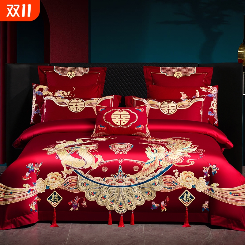 高端婚庆四件套60支全棉婚庆结婚龙凤床品纯棉婚嫁婚床新婚大红