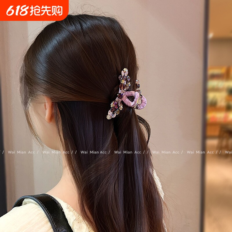 高端紫色抓夹头饰女轻奢手工缠绕水晶鲨鱼夹子新款后脑勺半扎发夹
