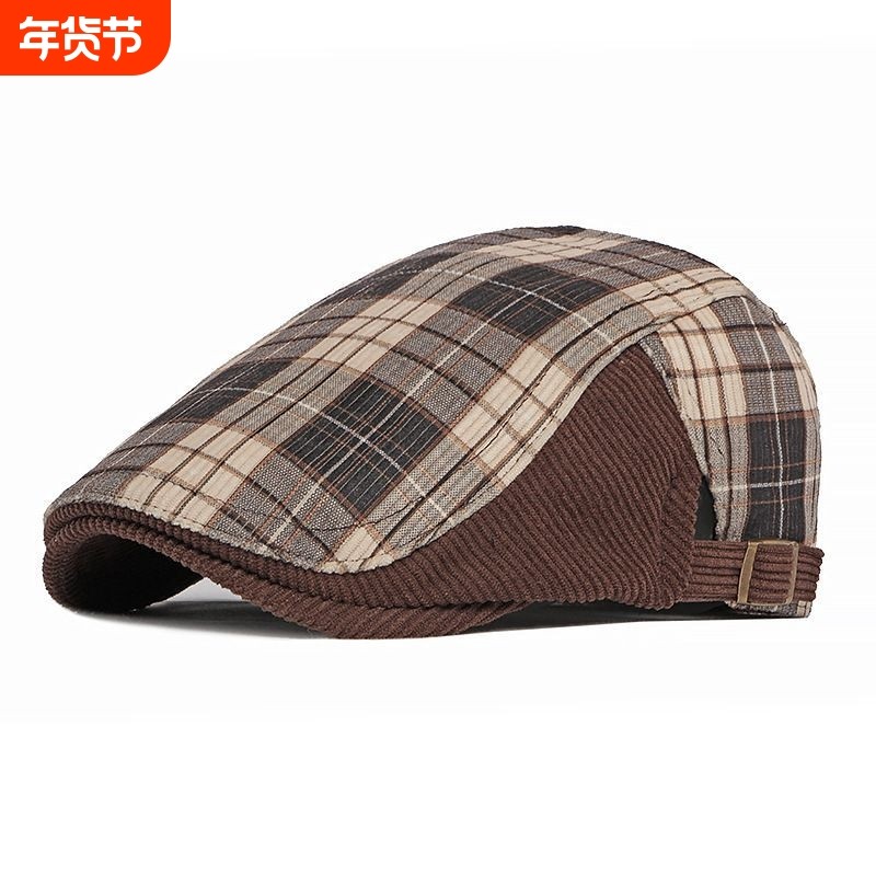 灯芯绒前进帽男士秋冬季格子鸭舌帽中老年人休闲街头棒球帽贝雷帽
