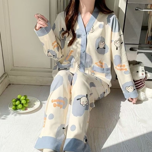 睡衣女士2025新款春秋季长袖纯棉套装带胸垫可外穿家居上衣和服