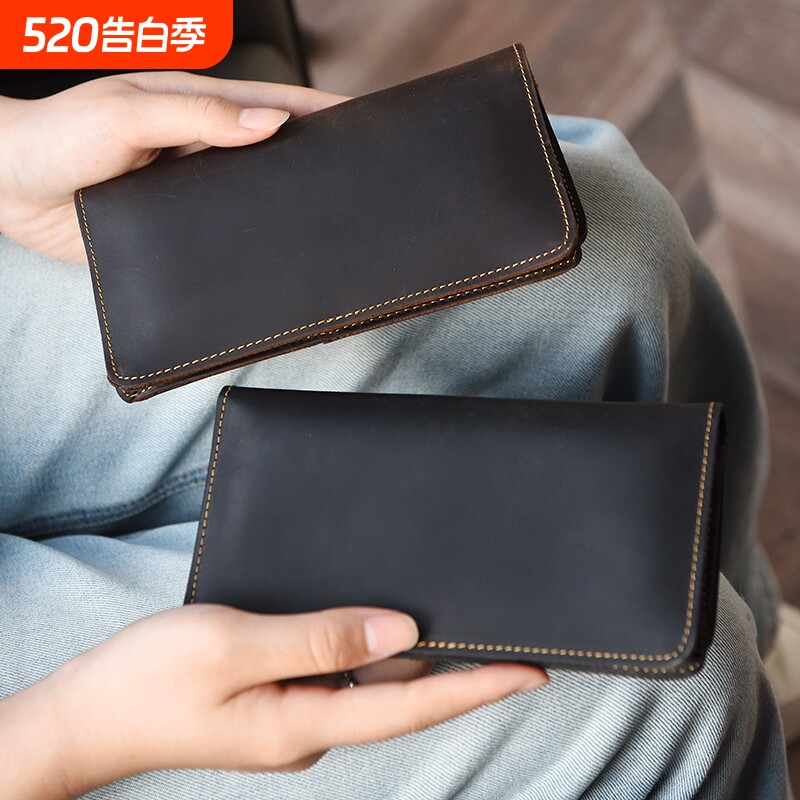 2026新款男士商务复古钱包长款手机包头层牛皮真皮手工钱夹文艺
