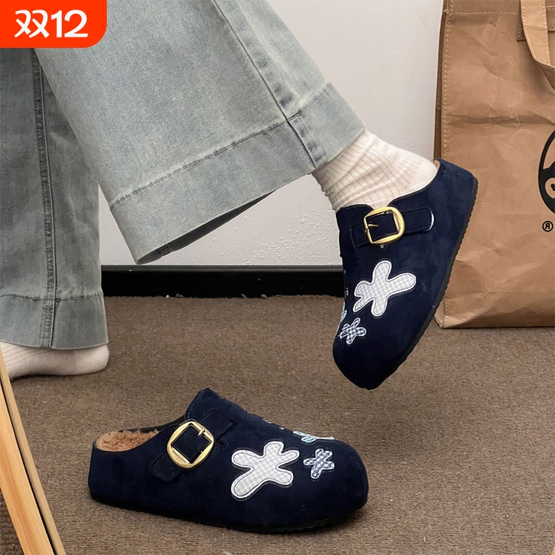 加绒厚底包头半拖勃肯鞋女外穿2025新款秋冬防滑软底棉拖鞋子蓝色