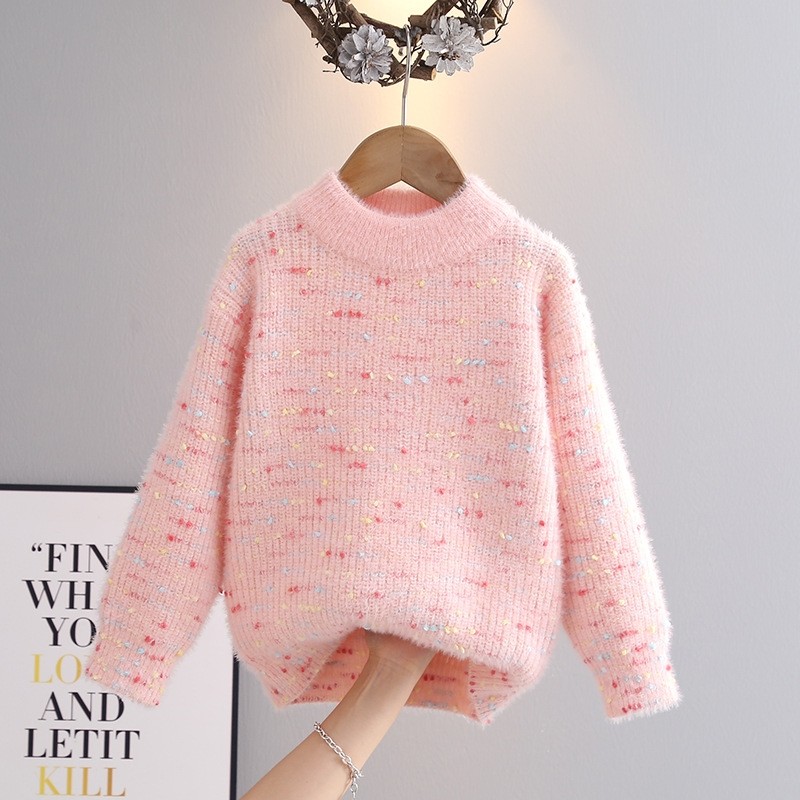 儿童毛衣水貂绒女童春秋洋气内搭秋季冬季加厚打底衫白色粉色加绒