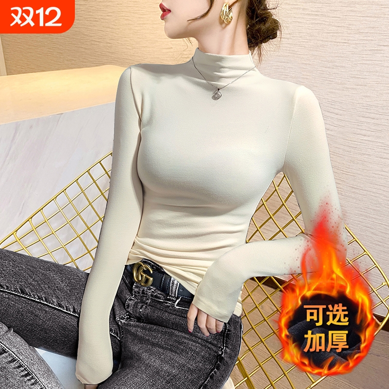 杏色加厚半高领打底衫女内搭2025秋冬新款紧身保暖磨毛长袖上衣潮