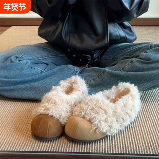 风靡家~复古风圆头猫爪内增高加绒包跟勃肯鞋女通勤保暖毛毛棉鞋