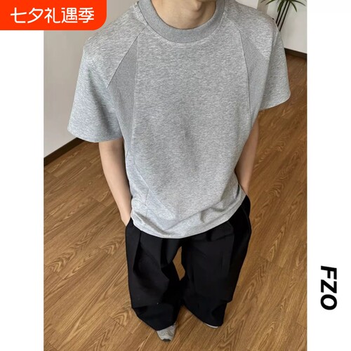 美式boxy显宽垫肩短袖男款夏季潮牌痞帅设计感t恤速干重磅半截袖