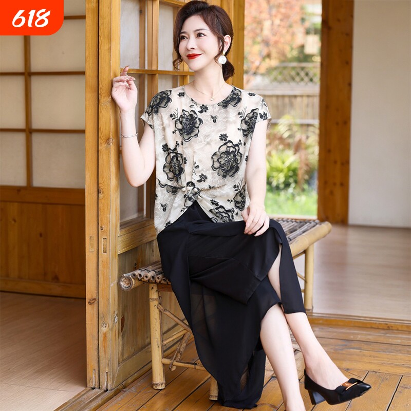 妈妈雪纺短袖2026新款气质显瘦套装优雅上衣中老年人女裤裙两件套