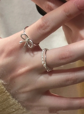 蝴蝶结珍珠素圈双层交叉戒指ins简约设计小众高级食指个性指环