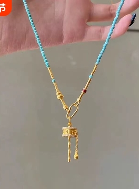 新中式国风绿色拨浪鼓长款项链转运吊坠毛衣链可调节挂绳锁骨链女