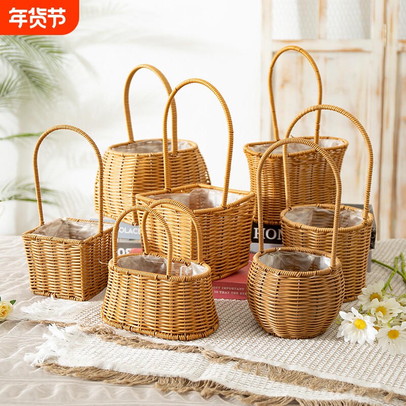 编织插花花篮手提鲜花篮草编竹编手工藤编篮子家居装饰客厅置物筐