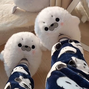 包跟居家鞋 女棉鞋 保暖刺绣 毛绒玩具拖鞋 可爱小海豹玩偶公仔冬季