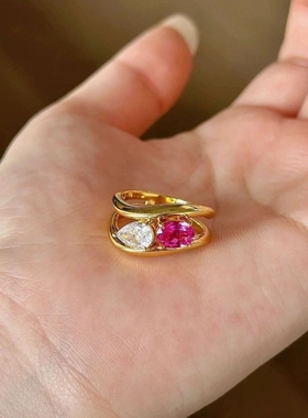 波浪红刚玉双色彩钻开口戒指女金色小众指环时尚轻奢高级感ins风