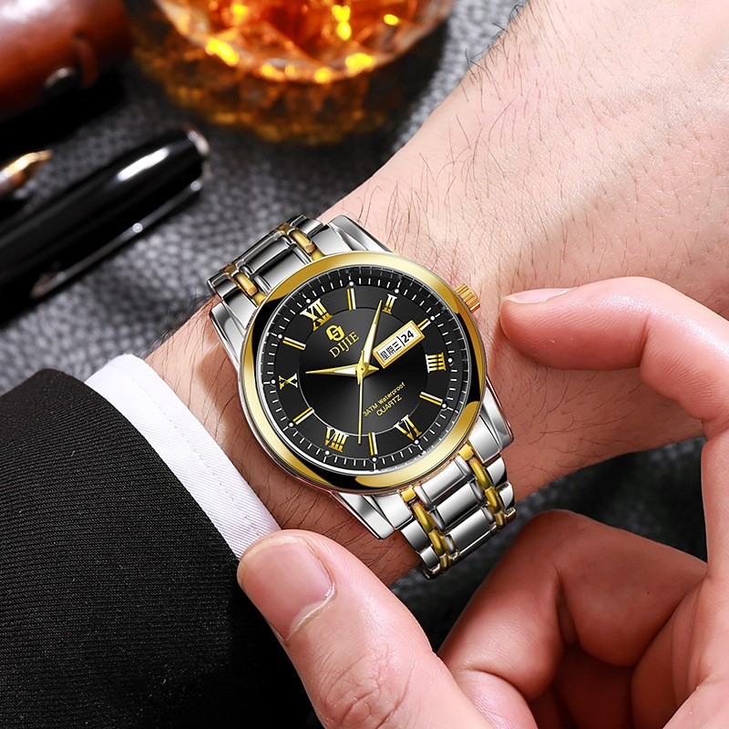 一件时尚潮流商务情侣表日历钢带男士手表间金色手表霸气国产腕表