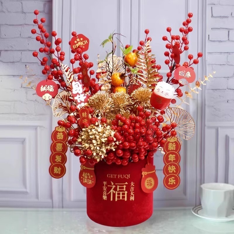 过年2026仿真发财果马年装饰福桶乔迁之喜新居摆件新年宵花抱抱桶