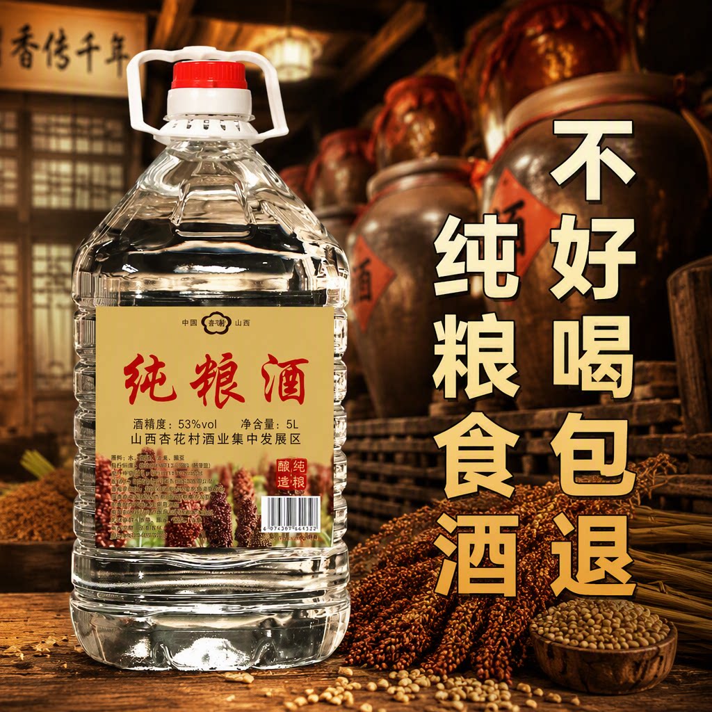 山西杏花产地53度纯粮酒清香型泡药酒原浆老酒散装5L桶装