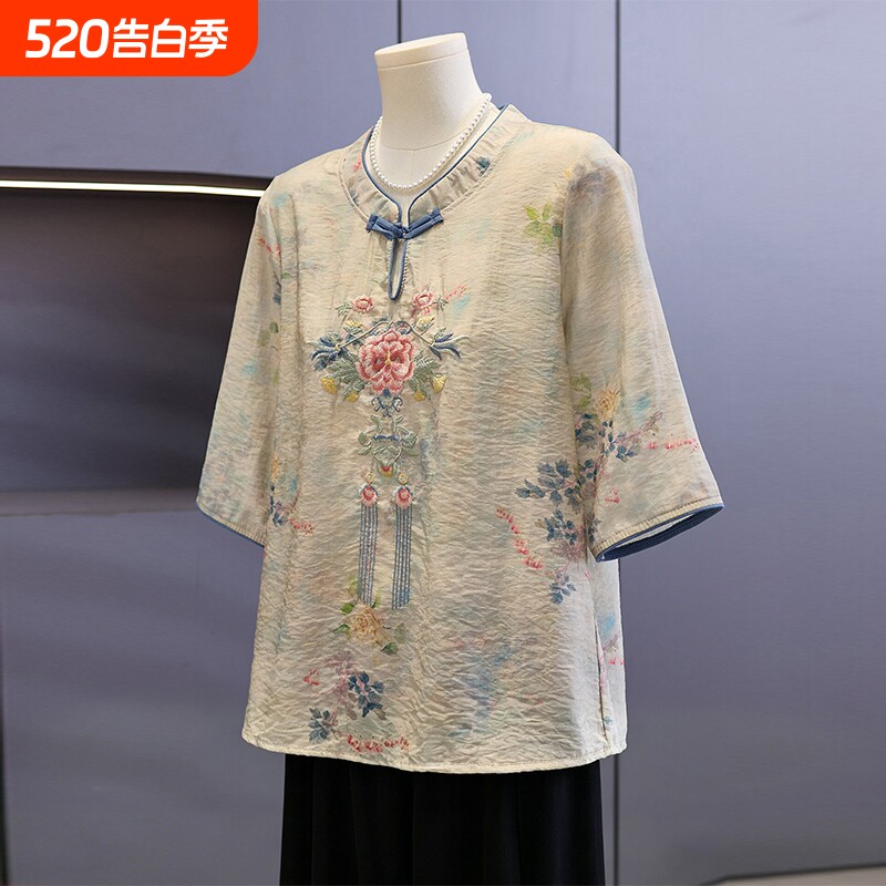 洋气妈妈夏装国风刺绣上衣服中年女装2026新款中老年半袖棉麻T恤