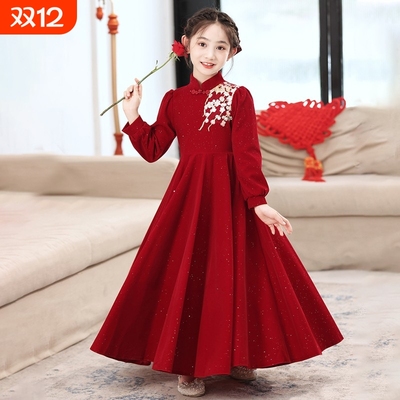 公主裙女童过年秋冬季红色长裙子