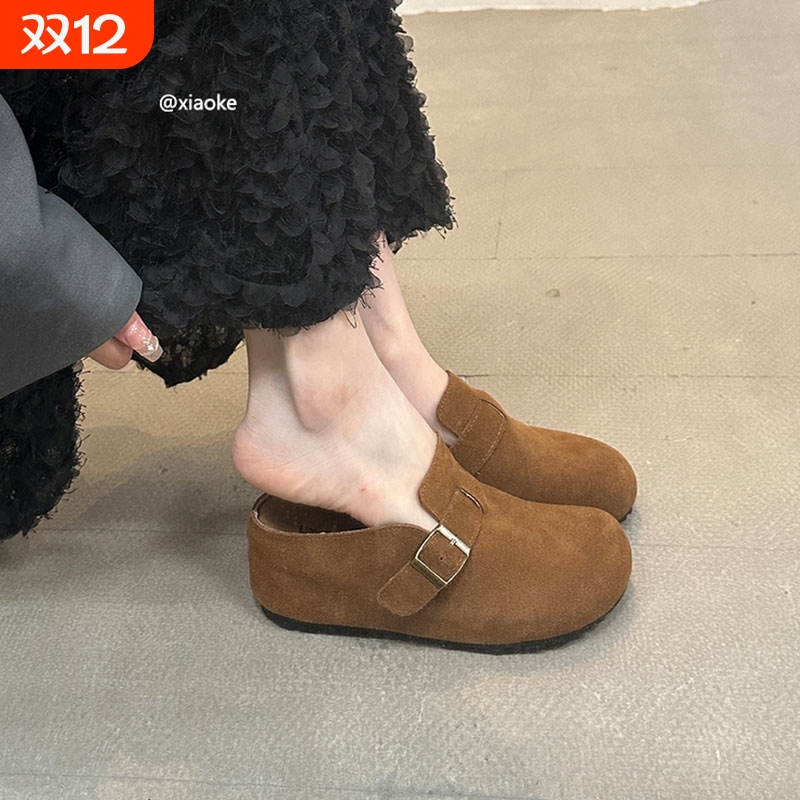 7CM内增高厚底鞋勃肯鞋女秋季外穿复古丑萌真皮一脚蹬包头半拖鞋
