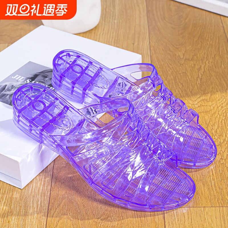 防滑公主水晶透明中跟拖鞋洗澡家用厚底凉拖鞋女坡跟防臭室外精致