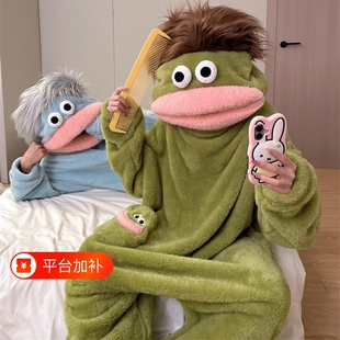 大嘴怪睡衣女冬加厚情侣连体睡袍长发个性搞怪丑萌香肠嘴男家居服