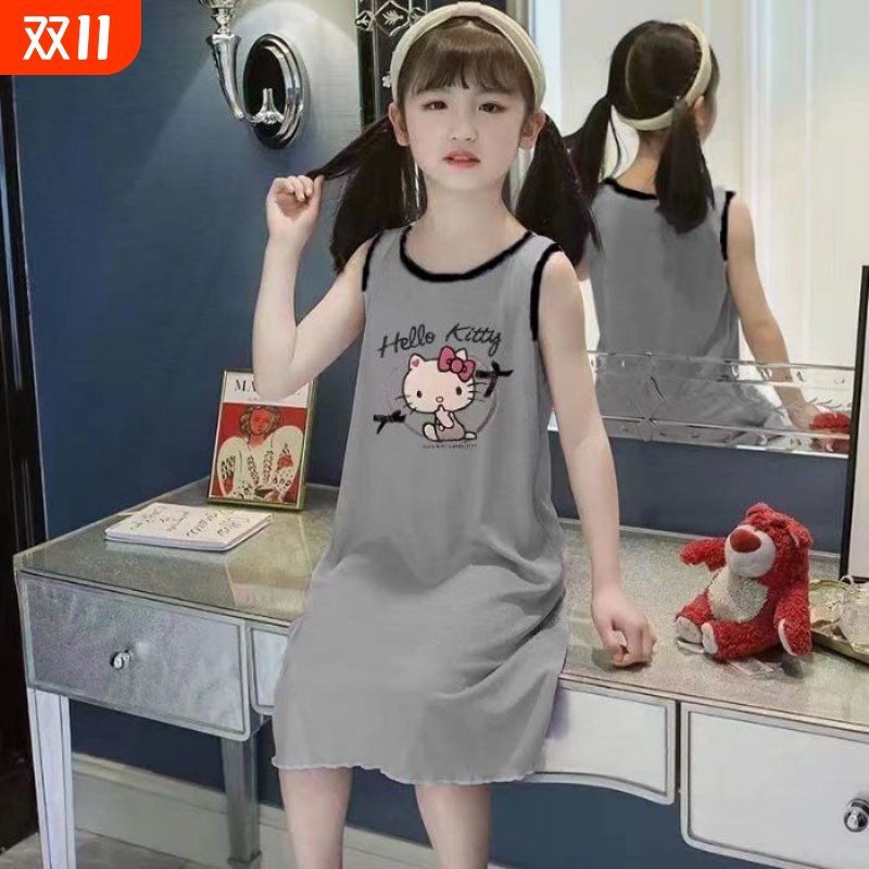 新款冰丝莫代尔女童夏季背心裙公主睡衣裙母女亲子家居服库洛米