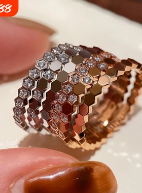 轻奢蜂巢戒指女满钻V金版镀18k玫瑰金蜂窝叠戴半排钻高级感食指环