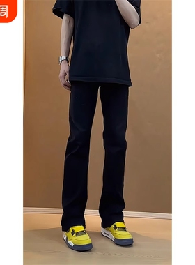 修身柳叶弯刀牛仔裤大童黑色男款直筒裤子美式高街vibe风微喇裤子