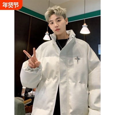 户外美式潮牌pu皮羽绒服男款冬季立领棉服外套宽松加厚保暖面包服